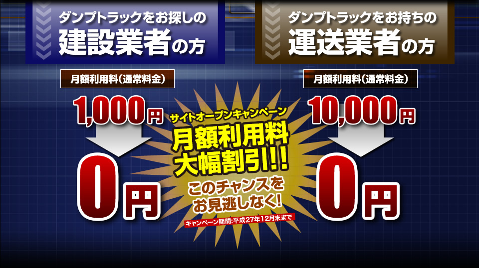 サイトオープンキャンペーン 月額利用料大幅割引!!平成27年12月末まで。ダンプトラックをお探しの建設業者の方 月額利用料（通常料金）1,000円がサイトオープンキャンペーンで0円、ダンプトラックをお持ちの運送業者の方 月額利用料（通常料金）10,000円がサイトオープンキャンペーンで0円